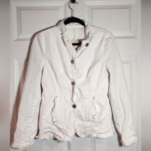 Jakett New York White Ruffle Frayed Hem Button Up Cotton Blend Jacket M